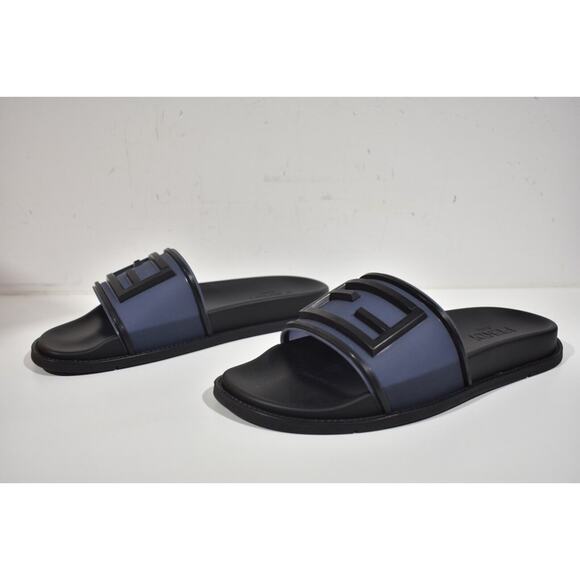 Fendi Mens Baguette Rubber Blue Black Logo Flat Slide Sandal Flip Flop UK 8 US 9 - Picture 10 of 12